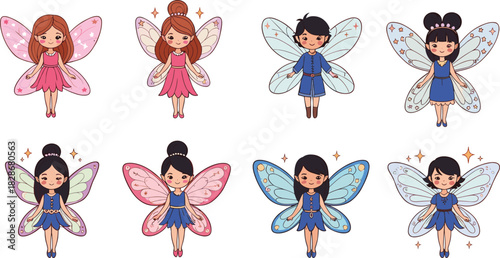 Cartoon fairies vector illustration, magical character design, colorful wings and dresses, fantasy theme, kids content, whimsical clipart, joyful expressions, enchanted style