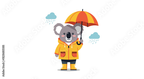 A cute cartoon koala wearing a yellow raincoat and boots while holding an umbrella in the rain isolated on a white background.