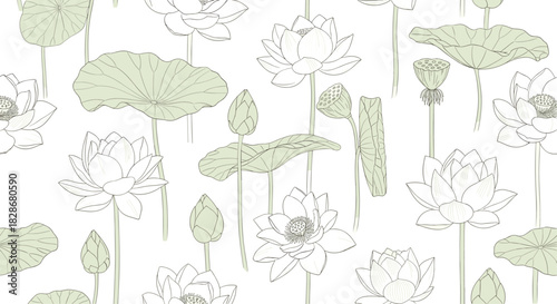 A delicate and seamless pattern of hand-drawn lotus flowers buds and lily pads in a light green and white color palette.