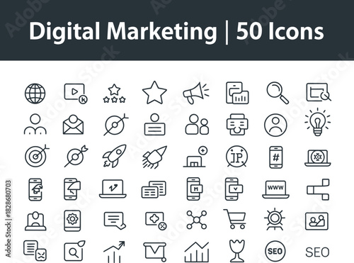 A clean vector illustration showcasing digital marketing icons for various online strategies and elements, SEO friendly design