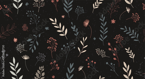 A dark seamless pattern featuring delicate and rustic hand-drawn botanical elements like branches leaves and berries in muted colors.