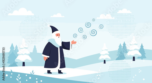 Whimsical winter scene featuring a wizard casting spells in a snowy landscape with stylized trees