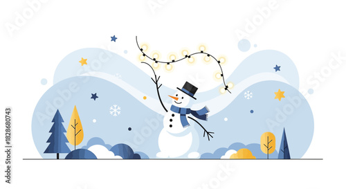 Whimsical winter scenery featuring a cheerful snowman adorned with festive light decorations