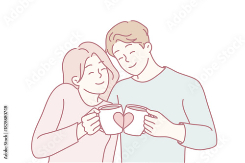 cozy white couple sharing heart mugs, holding matching cups forming heart shape, intimate kitchen morning with warm sunlight and soft pastel tones, gentle smiles and close embrace, domestic