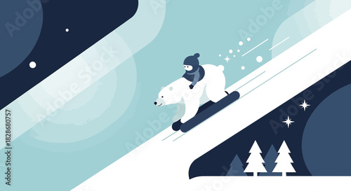 Whimsical winter wonderland illustration featuring a polar bear snowboarding with a child rider