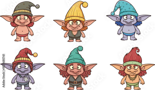 Cartoon gnomes vector illustration, fantasy character design, diverse appearances, colorful outfits, magical theme, kids content, whimsical style, joyful expressions, playful props