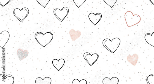 A romantic seamless pattern featuring hand-drawn black and glittery pink hearts of various styles scattered on a white speckled background.