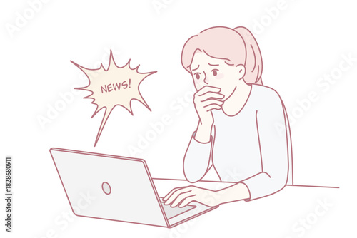 Stunned woman look at laptop screen feel shocked by unbelievable news online. Amazed girl surprised by mail or notification on computer. Vector illustration.
