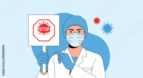 A doctor in a face mask and medical uniform holds up a stop sign for coronavirus to raise awareness during the pandemic.