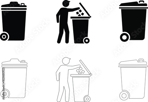 Trash Can and Recycling Vector Icons – Waste Disposal and Garbage Management Symbols