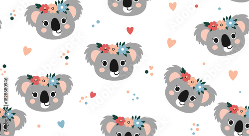 A cute seamless pattern for children featuring adorable koala faces wearing flower crowns with small hearts and dots on a white background.