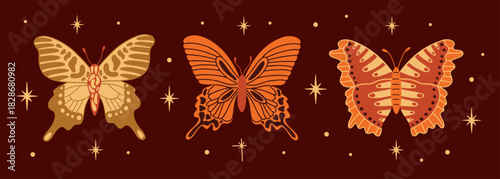 Whimsical butterfly vector illustration elements set in cartoon retro groovy funky bohemian style. Collection of various autumn colorful exotic insects, moths sticker design, witchy aesthetic