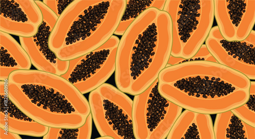 A vibrant seamless pattern of sliced ripe orange papaya fruit with black seeds creating a colorful and tropical foodie background.