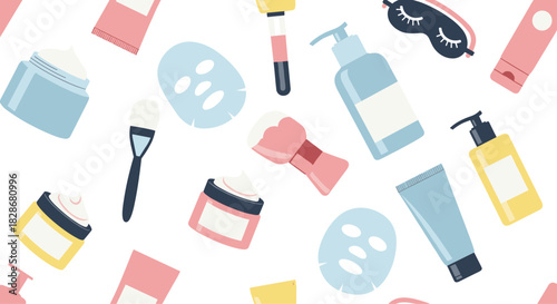 A seamless pattern of various colorful skincare and beauty products including creams lotions masks and brushes on a white background.