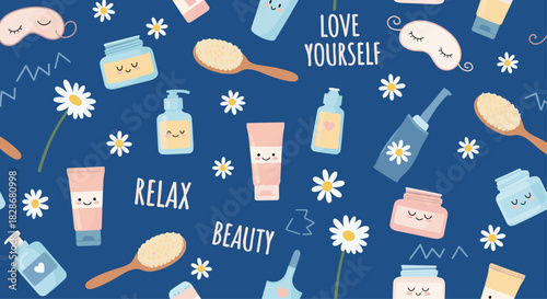 A cute and positive seamless pattern with kawaii skincare products daisies and motivational words like 'relax' and 'love yourself' on blue.