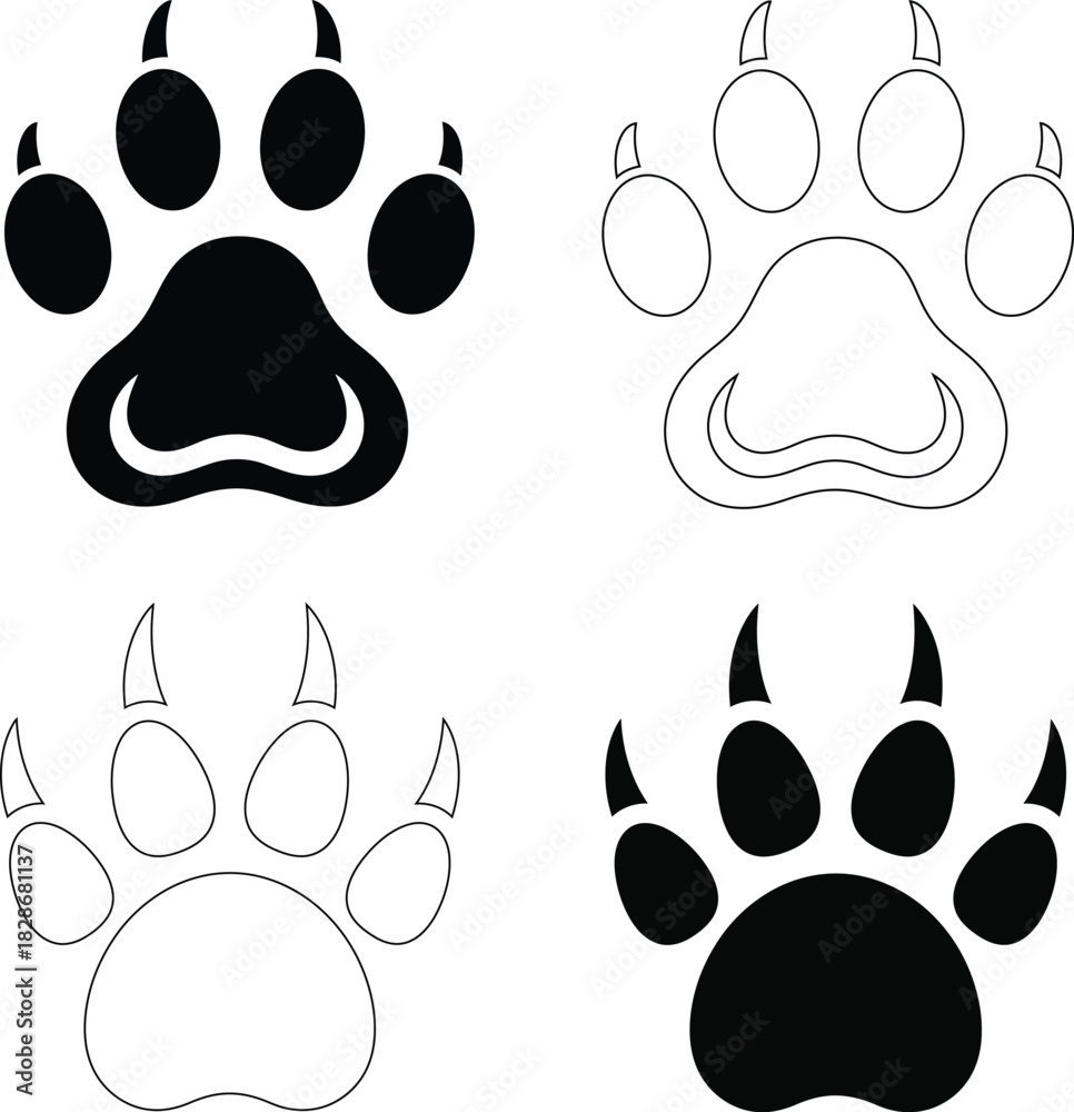 Fototapeta premium Animal Paw Print Vector Icons – Dog, Cat, and Wild Animal Footprint Symbols