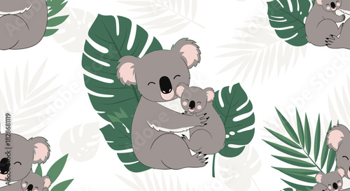 A heartwarming seamless pattern of a mother koala hugging her baby surrounded by tropical monstera leaves on a white background.