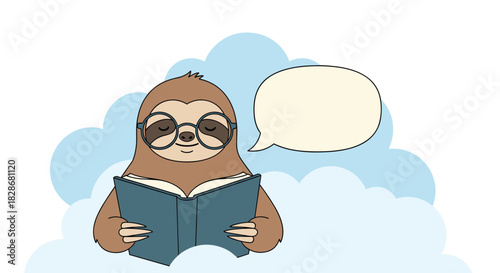 A charming cartoon sloth with glasses reading a book with a blank speech bubble for text set against a sky with clouds.