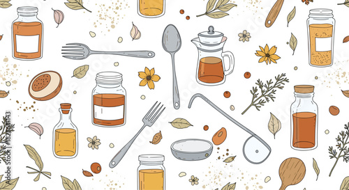 A rustic and charming seamless pattern of hand-drawn kitchen items including jars utensils herbs and spices on a white background.