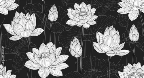A stunning and elegant seamless pattern of beautifully detailed white line art lotus flowers and leaves on a solid black background.
