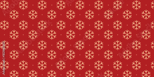 Elegant seamless pattern with golden snowflakes and tiny stars on a rich red background, perfect for Christmas wrapping paper, festive textiles, greeting cards, invitations and seasonal holiday design