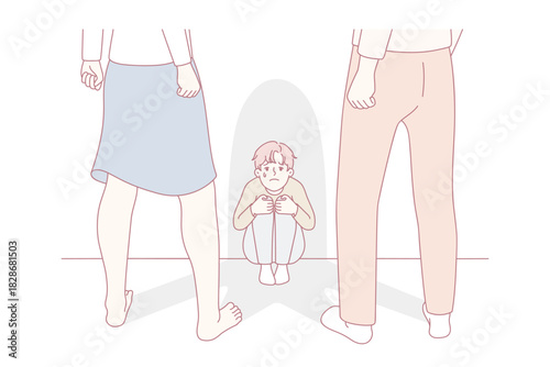 Terrified little boy child scared of aggressive violent parents. Upset crying small kid frightened of angry adults. Family fight and domestic violence. Vector illustration.