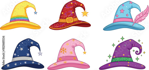 Wizard hats vector illustration, magical costume accessories, fantasy theme, colorful design, kids content, enchanted style, festive clipart, character props, playful elements