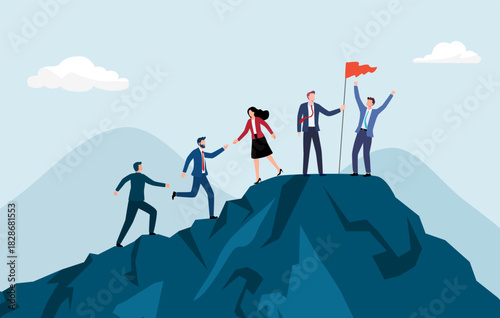 Team achievement, teamwork to success together, colleagues support or leadership to lead team to overcome challenge, cooperation concept, business people team member help others reach mountain peak.