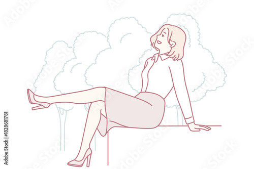 Urban stylish repose, Elegant woman resting outdoors, Fashionable professional relaxing outdoors with confident stance, Trendy woman in heels and skirt enjoying brief outdoor city break moment