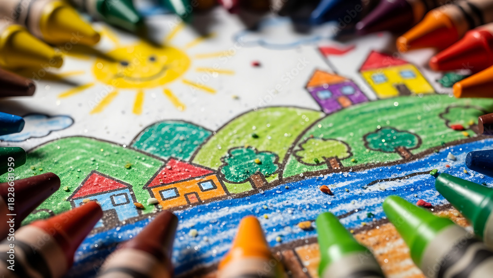 Fototapeta premium Colorful drawing created with crayons depicting sun and houses 