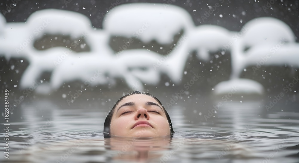 Obraz premium Woman Relaxing in Hot Spring or Outdoor Winter Spa During Snowfall for Wellness