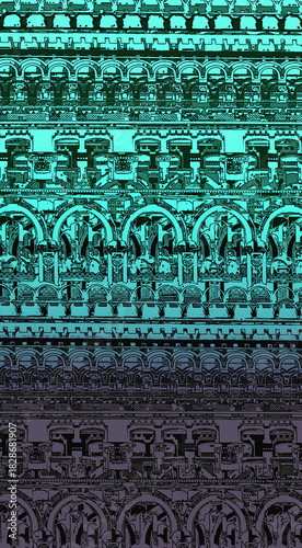 Beautiful ethnic pattern, painted. Art lines, patterns, wooden carving in ethnic style. Graphic drawing, hand-drawn graphics. Geometric ornamentation in Russian, Indian, and Chinese styles. 