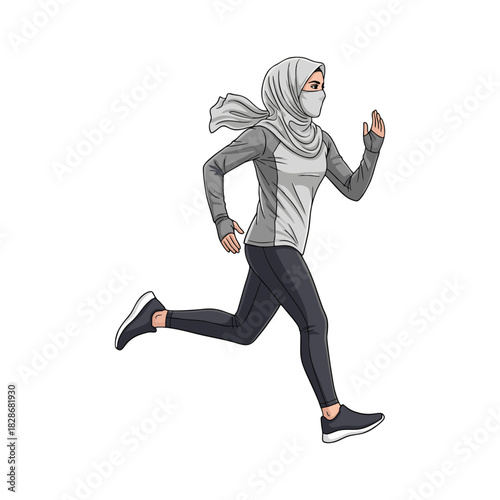 A woman wearing a hijab is jogging
