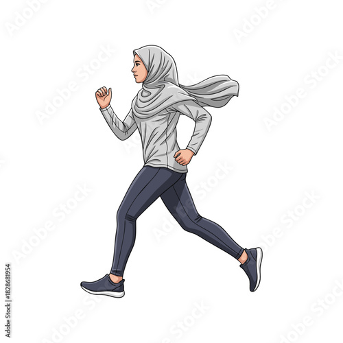 A woman wearing a hijab is jogging