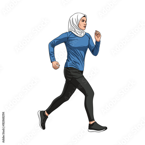 A woman wearing a hijab is jogging