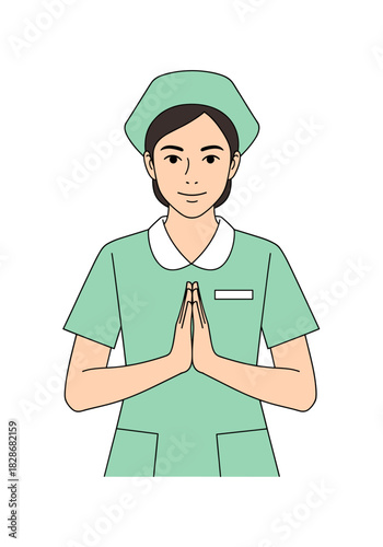 Friendly Asian Nurse or Healthcare Worker Greeting with Wai gesture