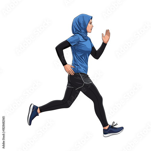 A woman wearing a hijab is jogging
