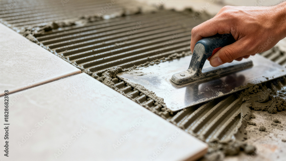 Naklejka premium Hand applies adhesive with trowel while setting tiles on cement floor in construction area. Clean, organized environment reflects attention to detail