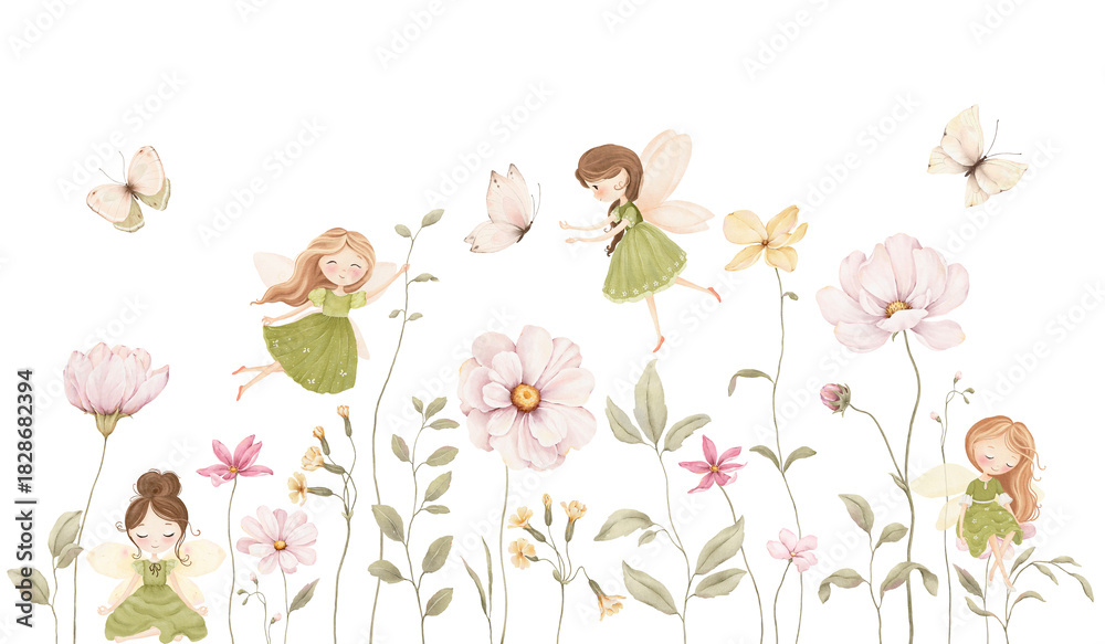 Fototapeta premium Cute watercolor composition with delicate flowers, green plants, fairies and butterflies. Isolated illustration floral meadow with characters for your design background, child room or wallpaper.