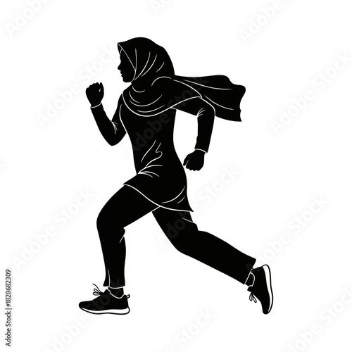 Silhouette of a woman wearing a hijab running against a white background