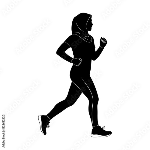 Silhouette of a woman wearing a hijab running against a white background