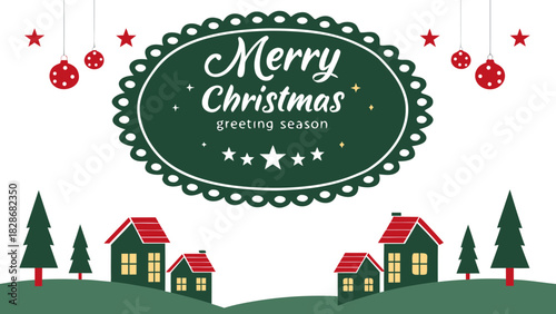 Festive christmas greeting card with houses and trees