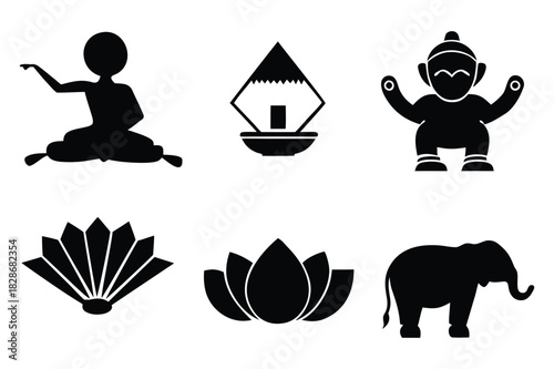 Asian Cultural Icon Silhouette Pagoda, Elephant, Lotus, and Meditation Symbol Collection Design