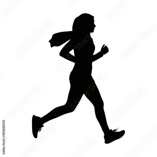 Silhouette of a woman wearing a hijab running against a white background
