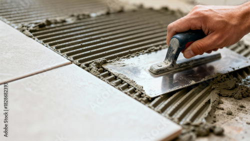 Hand applies adhesive with trowel while setting tiles on cement floor in construction area. Clean, organized environment reflects attention to detail