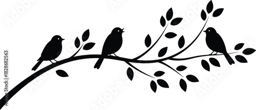 Bird silhouette on branch, three birds perched, nature illustration, wildlife vector, singing bird, decorative art, black design, tranquil scene, leaves detail