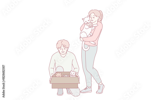 Happy couple with pets. Smiling man and woman take abandoned kittens on street. Domestic animals love. Vector illustration.