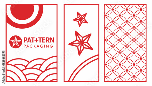 Three red and white pattern packaging designs