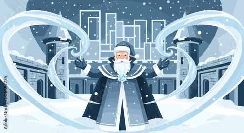 A wizardly figure casting ice magic against a snowy backdrop of castles and urban cityscapes