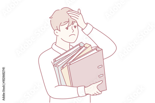 man struggling to hold stack of binders with worried expression, overloaded and stressed in work or study context illustration highlights pressure, deadline tension, and the chaos